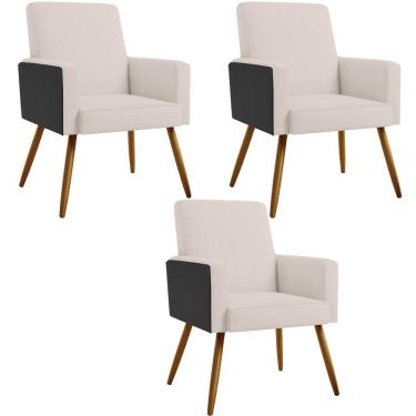 Imagem de Kit 03 Poltronas Decorativa Maria W01 Pés Palito Linho Cru Couríssimo Preto - Lyam Decor