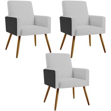 Imagem de Kit 03 Poltronas Decorativa Maria W01 Pés Palito Linho Cinza Couríssimo Preto - Lyam Decor