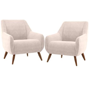 Imagem de Kit 02 Poltronas Decorativa Fixa Pés de Madeira Paloma D02 Veludo Bege C-309 - Lyam Decor