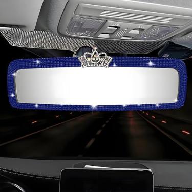 Imagem de Coroa brilhante cristal 10,7 polegadas HD vidro grande angular carro retrovisor clipe diamante brilhante acessórios decorativos interiores panorâmicos decoração de carro (azul)