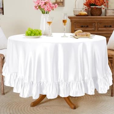Imagem de Entisn Toalha de mesa redonda com babados de 224 cm, capa de mesa de cetim branco inclui acabamento de 12 cm para mesa de 76 a 182 cm, lavável e resistente a amassados, decoração sedosa para banquete