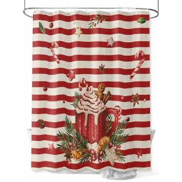 Imagem de Cortina de chuveiro de Natal vermelha brilhante, conjunto de cortinas de banheiro de tecido lavável à prova d'água para decoração de banheiro, 182 x 182 cm de comprimento, bege listrado