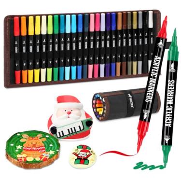 Imagem de Pagather Marcadores de tinta acrílica de 24 cores, ponta dupla com ponta fina e canetas de pincel para pedra, madeira, caligrafia, tela, cerâmica, metal, vidro, pintura rupestre, kit de materiais de