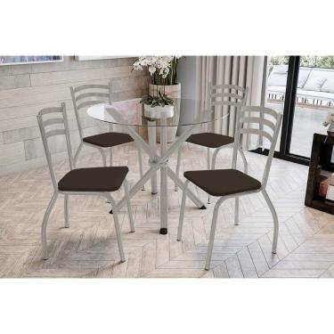 Imagem de Conjunto: Mesa Sala Jantar Volga C- Tampo De Vidro 95cm E 4 Cadeiras Portugal Niquel - Courano Marrom - Kappesberg