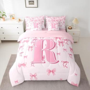 Imagem de jejeloiu Conjunto de edredom solteiro com laço rosa para meninas, meninos, meninas, 7 peças, letra R, decoração de quarto, monograma, laços coquetes, microfibra leve e macia