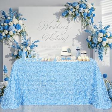 Imagem de B-COOL Toalha de mesa de roseta azul claro 227 x 380 cm toalhas de mesa de festa de chá de bebê floral 3D para decorações de festa de casamento no dia da Grã-Bretanha