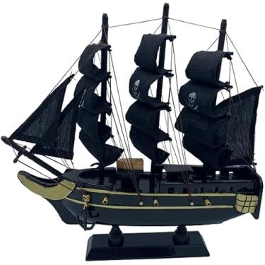 Imagem de Modelo de navio pirata de madeira no suporte totalmente montado decoração de mesa náutica de 23 cm
