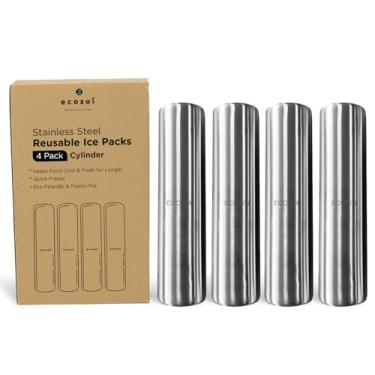 Imagem de ecozoi Refrigeradores de almoço de aço inoxidável – Sacos de gelo para lancheiras, lancheiras, caixas de bento e refrigeradores – Pacote com 4 unidades em forma de cilindro, sem plástico e sustentável