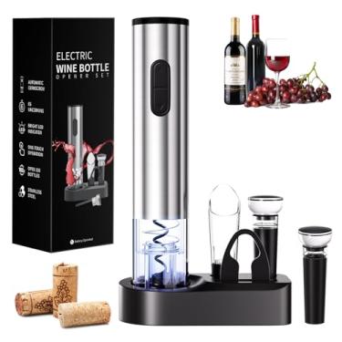 Imagem de Abridor de vinho elétrico 6 em 1, abridor de vinho automático operado por bateria com cortador de folha, aerador, rolha e base a vácuo, operação com um toque, aço inoxidável, prata, perfeito para bar