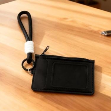 Imagem de Carteira com porta-cartões de crédito com cordão, linda bolsa de moedas de poliuretano com zíper de cor sólida para cartões, dinheiro e pequenos itens essenciais para mulheres, Preto, Preto
