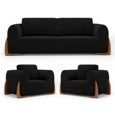 Imagem de Kit 02 Poltronas E 01 Sofá Bloom 160cm 02 Lugares Com Pés De Madeira Bouclê Preto - Abmaza