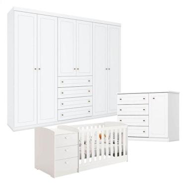 Imagem de Quarto Americano 6 Portas Com Berço Multifuncional Atlanta Branco Fosco Henn - Reller
