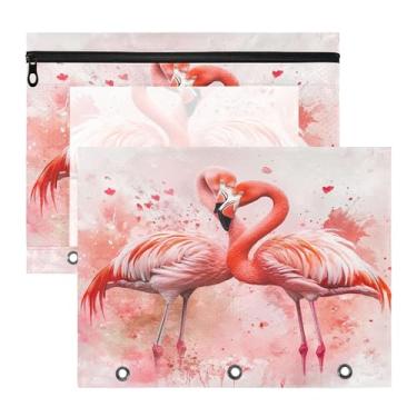 Imagem de SEHANY Pasta de lápis flamingo rosa com 3 anéis – Bolsa para documentos tamanho A4 com janela transparente para sala de aula, escritório, 2 peças