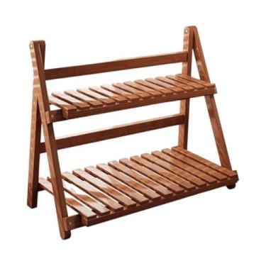 Imagem de WeiLaiKeQi Suporte para plantas de bambu, organizador de mesa, escada prática, 2 níveis, suporte para vasos, prateleira para plantas para cozinha, pátio, casa, Castanho Escuro 50cm