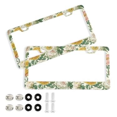 Imagem de SEHANY Molduras de placa de licença de flores florais coloridas, capas de moldura de placa de carro de alumínio à prova de ferrugem com orifícios elípticos e parafusos serve para veículos padrão dos