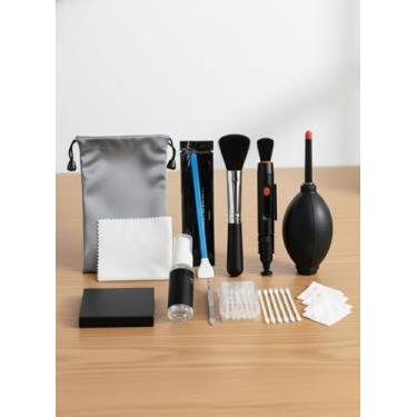 Imagem de Kit de limpeza de lente de câmera 16 em 1 com caneta pincel de lente, soprador de ar, pano de microfibra, frasco de spray vazio preto