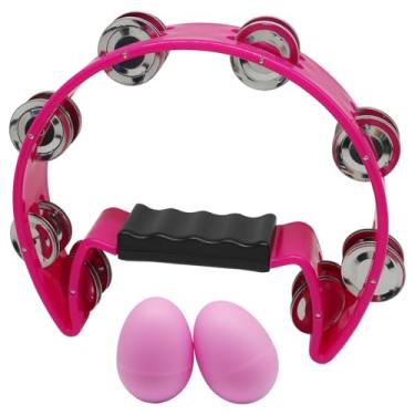 Imagem de Hordion Tambourine Metal Jingles, Mão Percussão Meia Lua Pandeiros Instrumento Musical para Adultos Entusiastas de Música Festa, Rosa