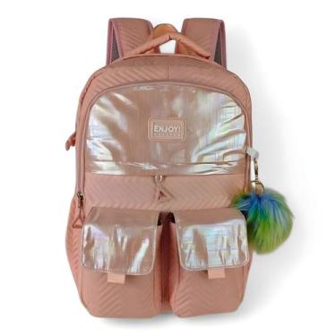 Imagem de Mochila Qualis Escolar Casual Feminina Juvenil Pelúcia Fofo, Rosê
