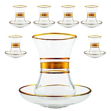 Imagem de BAYKUL Conjunto de Chá Turco Feito à Mão, Vintage com 12 Peças, Copos e Pires Feitos à Mão, Servindo Bebida, Bandeja de Cozinha 100 ml (Ouro 3)