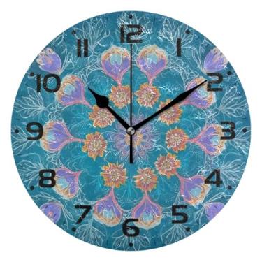 Imagem de JUZIHAI Relógio de parede floral mandala silencioso, sem tique-taque, relógios de parede redondos operados por bateria, fácil de ler, relógio decorativo de parede para casa, cozinha, sala de estar