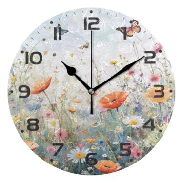 Imagem de JUZIHAI Relógio de parede com flor de primavera, silencioso, sem tique-taque, relógios de parede redondos operados por bateria, fácil de ler, relógio decorativo de parede para casa, cozinha, sala de