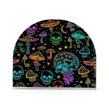 Imagem de JUZIHAI Suporte de guardanapo de cogumelos de caveira mágica de Halloween para mesa dispensador de guardanapo em pé de acrílico suporte de lenços de mesa independente para cozinha sala de jantar bar
