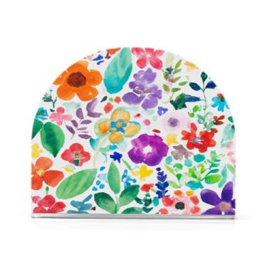 Imagem de JUZIHAI Aquarela Suporte de guardanapo de flores e plantas para mesa dispensador de guardanapo de acrílico para mesa suporte de lenços independente para cozinha sala de jantar bar festa decoração de