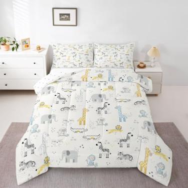 Imagem de jejeloiu Jogo de cama solteiro com animais de safári, selva, para crianças, meninos, meninas, floresta, animais, edredom para decoração de quarto, microfibra, 2 peças com 1 fronha