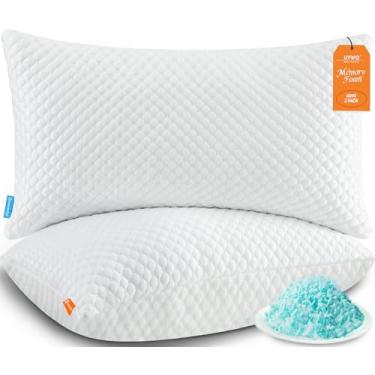 Imagem de UYWO Conjunto de 2 travesseiros de resfriamento King Size, almofadas de espuma viscoelástica com zíper, almofadas de cama firmes ajustáveis para dormir de barriga nas costas laterais quentes