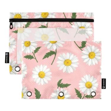 Imagem de Margaridas brancas folhas verdes amarelas furador de três furos com zíper liso, estojo de lápis transparente para fichário, estojo de lápis de longa duração, pacote com 2