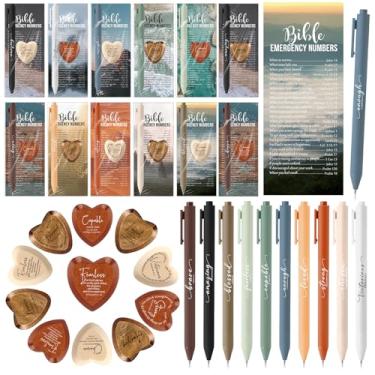 Imagem de Gersoniel Conjunto de 30 canetas para presente de igreja cristã, números de emergência, marcadores de livro e versículos bíblicos, canetas religiosas de madeira para cristãos, igreja, dia dos