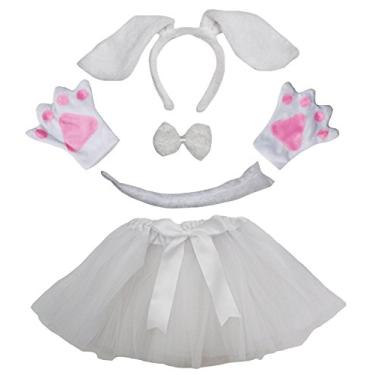 Imagem de Petitebella Tiara de cachorro de orelha longa com laço e luvas tutu 5 peças fantasia para meninas 1-8 anos (1-4 anos, branco)