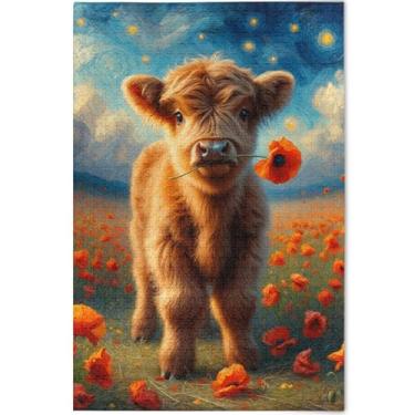 Imagem de Quebra-cabeça floral de papoula de vaca Highland fofa personalizada para adultos 500 peças presentes de elefante branco para família quebra-cabeças exclusivos legais pintura de decoração de arte, 52