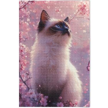Imagem de Quebra-cabeça personalizado floral gato siamês cereja 1000 peças presentes de festa elefante branco divertido família quebra-cabeça decoração pintura animal, 75 cm x 50 cm