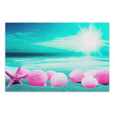 Imagem de Pink Seashells Sandy Beach Sun 500 peças quebra-cabeças para adultos animais de desenho animado exclusivo jogo de quebra-cabeça presentes, 20,5 x 14,9 polegadas