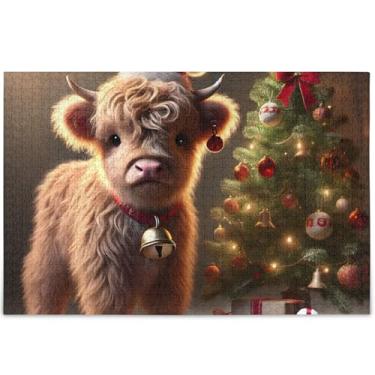 Imagem de Quebra-cabeças fofos de vaca Highland de Natal 500 peças para adultos jogo engraçado cena personalizada quebra-cabeças coloridos animais arte colorida, 52 cm x 37,8 cm