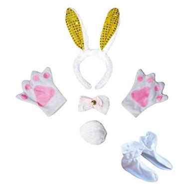 Imagem de Petitebella Tiara de orelha de coelho com laço e luvas de cauda 5 peças fantasia 1-5 anos (branco/amarelo lantejoulas, tamanho único)
