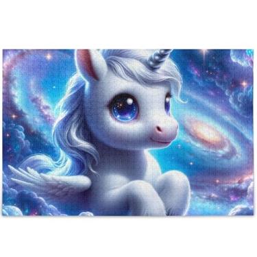 Imagem de Quebra-cabeças personalizados de unicórnio fofo para adultos 1000 peças presentes da natureza para elefante branco arte de jogo cenário de quebra-cabeça rígido decoração de arte animal, 75 x 50 cm