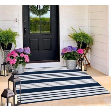 Imagem de Tapete exterior azul e branco 9,5 x 12,7 cm algodão tecido à mão tapete lavável na máquina interior/exterior tapete para casa de fazenda/tapetes de porta em camadas/sala de estar