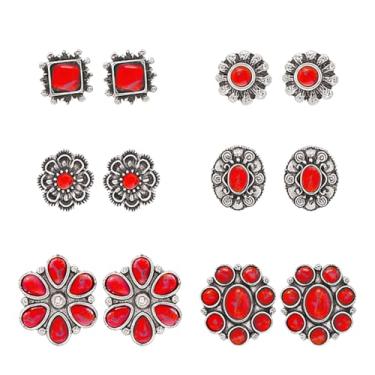 Imagem de QLYOVWE Conjunto de 6 pares de brincos boêmios turquesa flor geométrica vaqueira ocidental étnica acessórios de joias turquesa natural para mulheres, Medium, Metal, Sem pedra preciosa