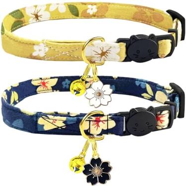 Imagem de Conjunto de 2 coleiras de algodão Breakaway para gatos com pingente de sino e flor, estampa floral fofa, ajustável de 19 a 28 cm, inclui um presente de brinquedo de rato (amarelo + flor marinha)