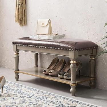 Imagem de Banqueta de couro PU com assento acolchoado, banco de armazenamento, banco estofado moderno para sala de estar, banco de sapatos de entrada, banco de armazenamento de sapatos vintage - marrom 90 x 35