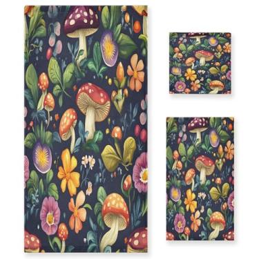 Imagem de xigua Conjunto de toalhas de banheiro cogumelos e flores absorvente macio 3 peças toalha de banho toalha de mão toalhas decorativas para banheiro, academia, hotel, praia, piscina
