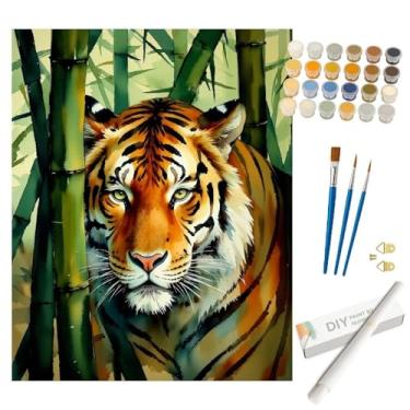 Imagem de Kit de pintura animal por números para adultos – Pintura DIY de tigre de bengala na floresta de bambu em tela enrolada 40 x 50 cm, conjunto de tinta acrílica, adequado para iniciantes, arte para