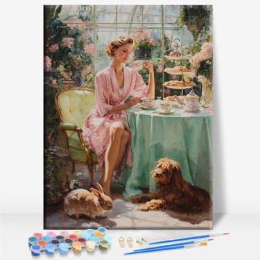 Imagem de HUINORYA PET Afternoon Tea Lady Tela emoldurada DIY Kit de pintura por números bar café caverna sala de casa de banho varanda pátio decoração presente, 40,6 x 30,5 cm