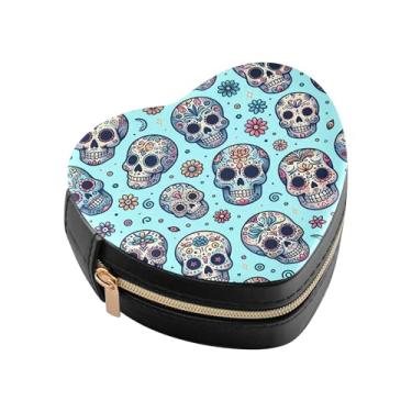 Imagem de Burbuja Caixa de joias com caveiras em formato de coração azul, mini estojo de viagem para mulheres e meninas, organizador portátil de armazenamento para brincos, anéis, colares e pulseiras