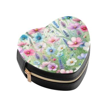 Imagem de Burbuja Mini caixa de joias em forma de coração com flores de prado para mulheres e meninas, estojo portátil organizador de armazenamento para brincos, anéis, colares e pulseiras