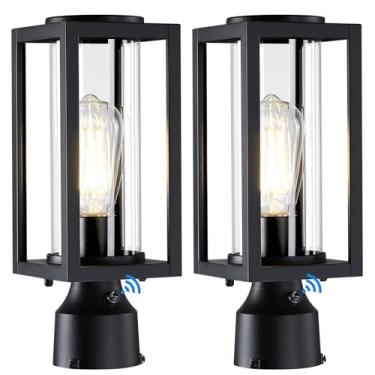 Imagem de MYHXQ Luzes de poste ao ar livre do crepúsculo ao amanhecer 2 pacotes, luminária de poste de luz moderna preta externa com vidro temperado, postes de luz antiferrugem para exterior para garagem pátio