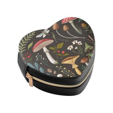 Imagem de Burbuja Caixa de joias vintage em forma de coração de cogumelo mini estojo de joias de viagem para mulheres e meninas, estojo portátil organizador de armazenamento para brincos, anéis, colares e