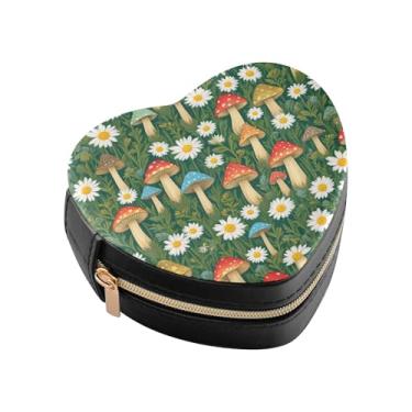 Imagem de Burbuja Caixa de joias em forma de coração de margarida cogumelo mini estojo de joias de viagem para mulheres e meninas, estojo portátil organizador de armazenamento para brincos, anéis, colares e